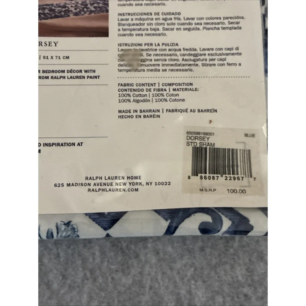 Ralph Lauren Dorsey Standard Sham Set of 2 New Blue White Porcelain Lotus Pair